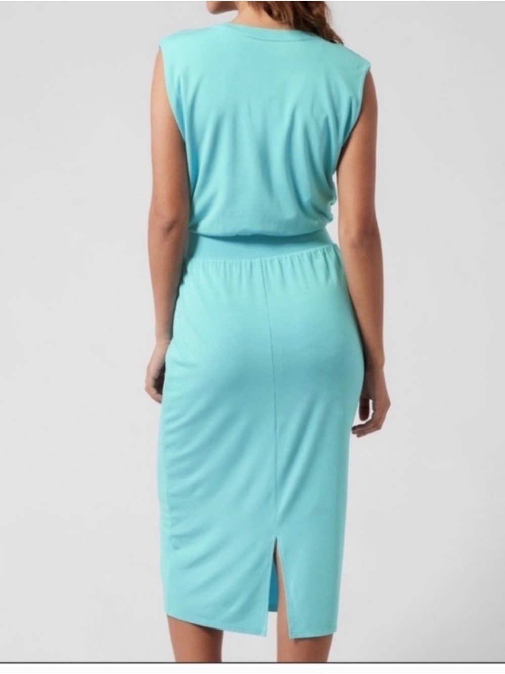 ATHLETA Santorini Cinch Jersey Knit Sleeveless Midi Dress Aqua Blue Size Small - Picture 2 of 6